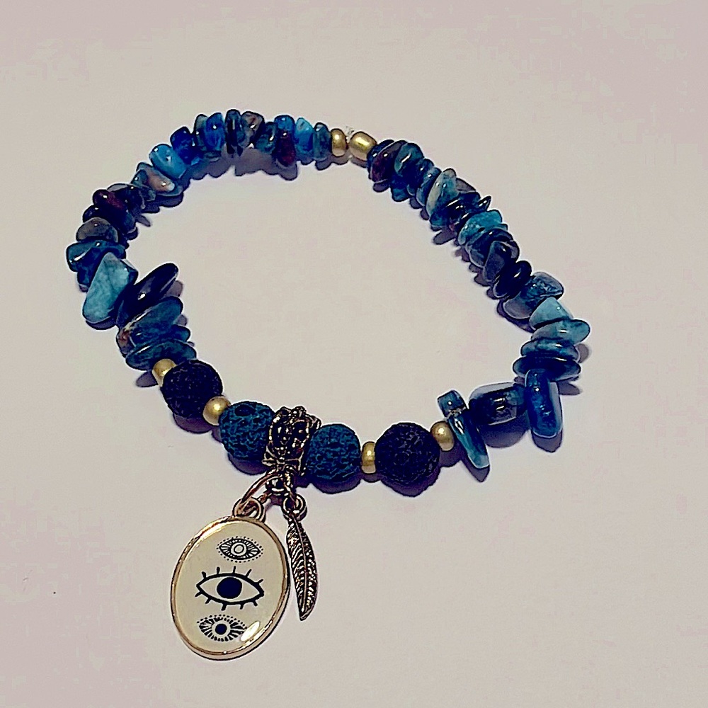 Blue Apatite, Lava Stone, Triple Eye Amulet & Feather Charm Bracelet 💙🩵🤍🖤